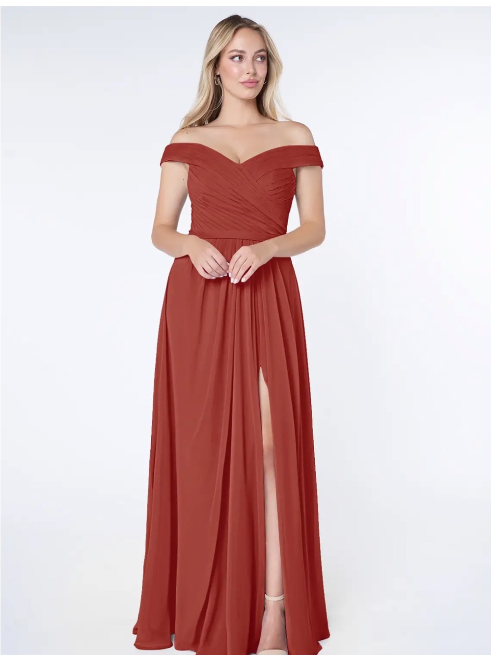 Azazie Off-Shoulder Rust Red Bridesmaid Gown
